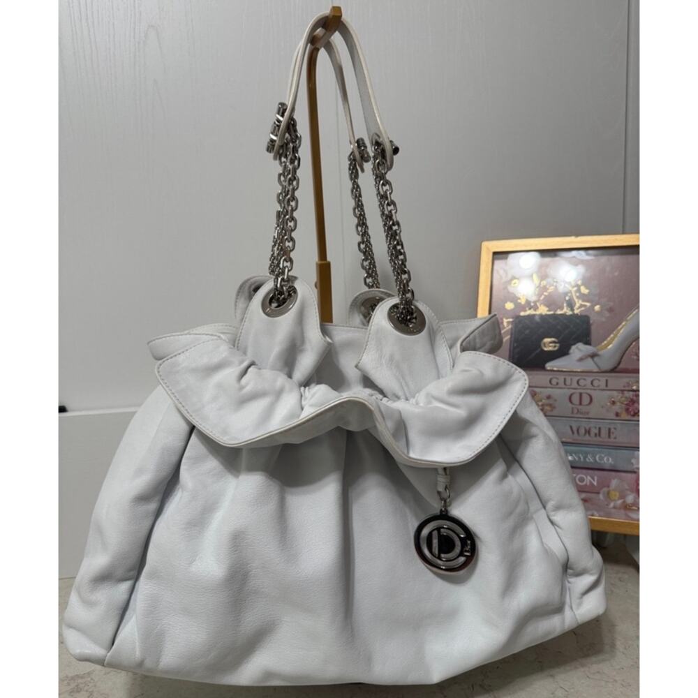 Dior White Leather Ruffle Top Crossbody Bag with Silver Chain